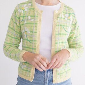 Talbots Petites Green Knit Yellow Checkered Embroidered Daisy Button Cardigan P